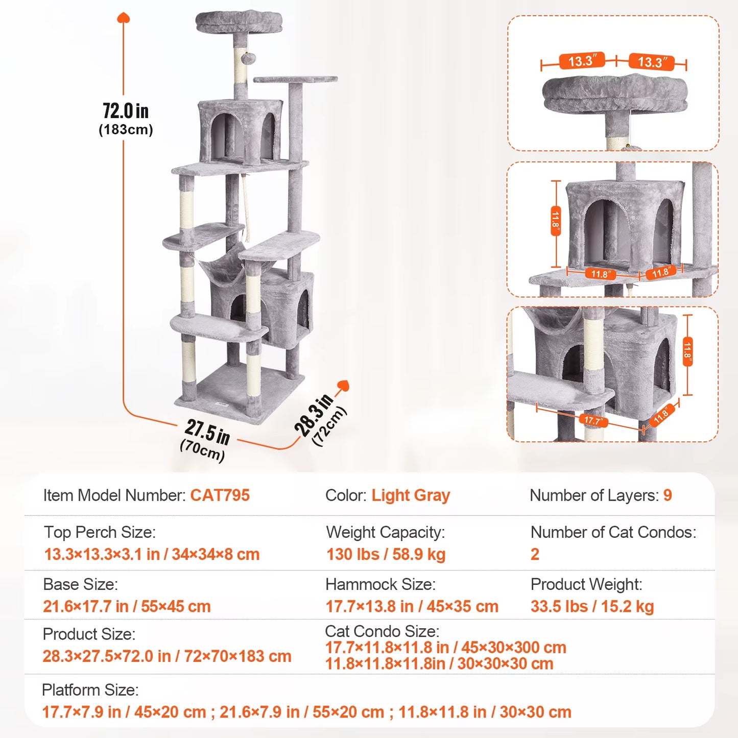 VEVOR Cat Tree for Indoor Cats 45.2" Cat Tower with Cat Condo Sisal Scratching Post Hammocktop Perch Jumping Platforms Dark Grey