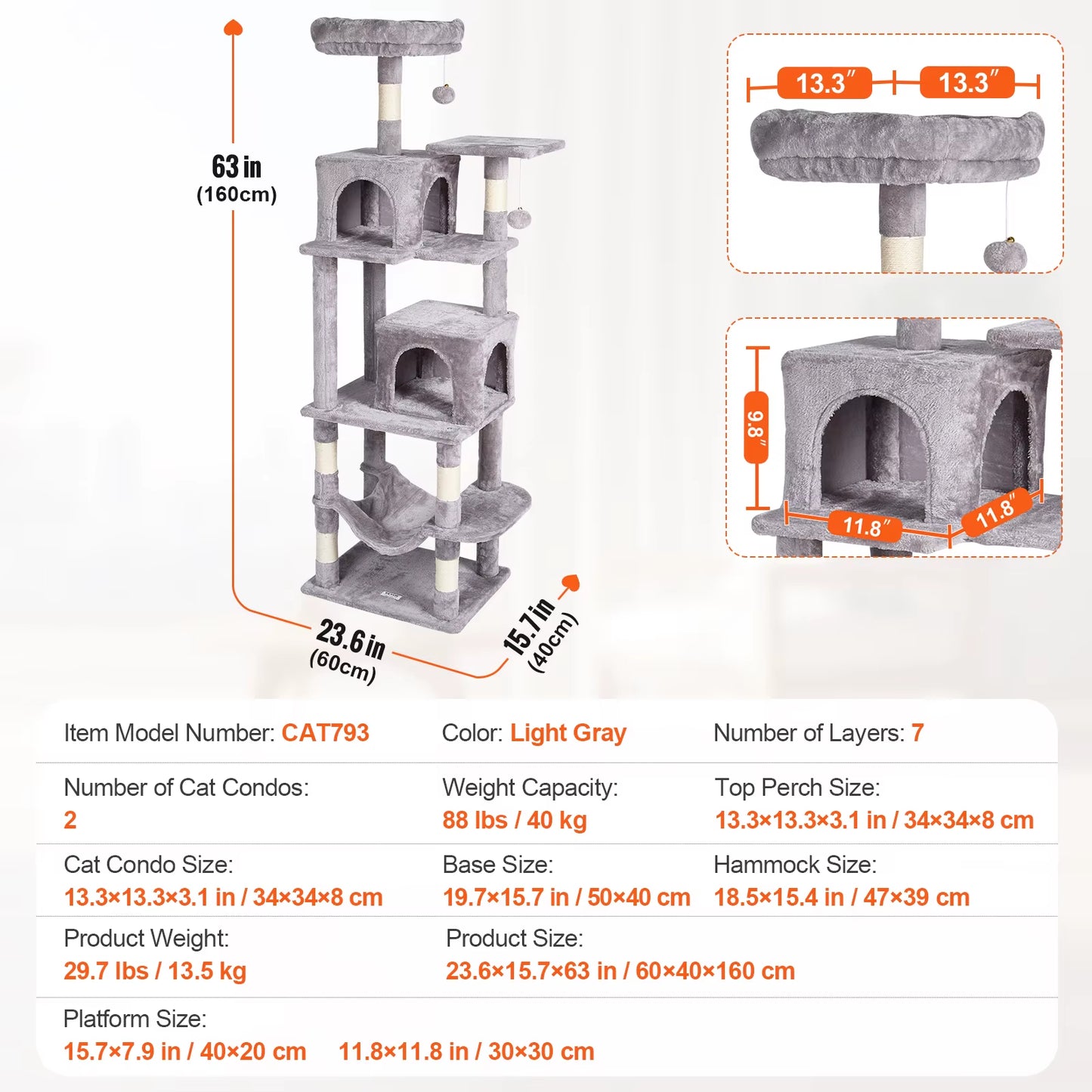 VEVOR Cat Tree for Indoor Cats 45.2" Cat Tower with Cat Condo Sisal Scratching Post Hammocktop Perch Jumping Platforms Dark Grey