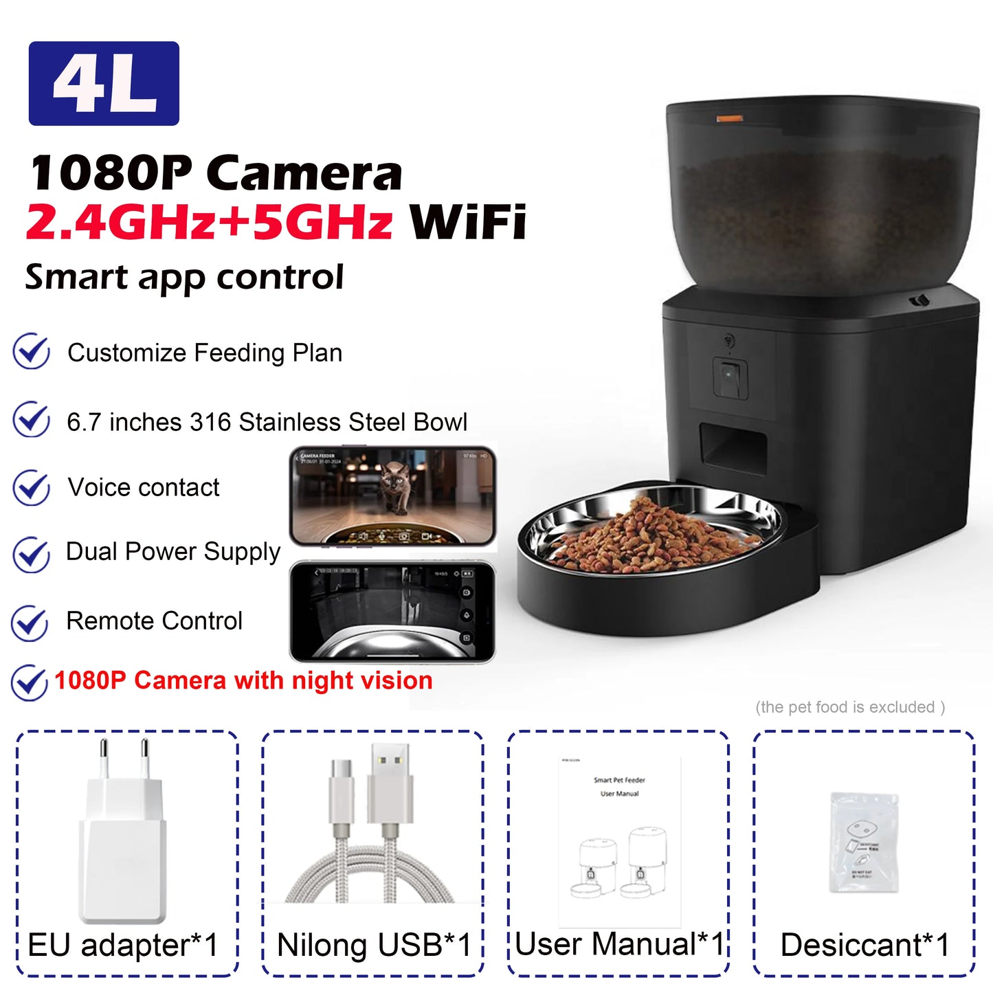 8L Smart Automatic Cat Feeders with 1080P HD Camera 5G Wifi Pet Feeder Tuya APP Control Automatic Cat Dog Food Dispenser