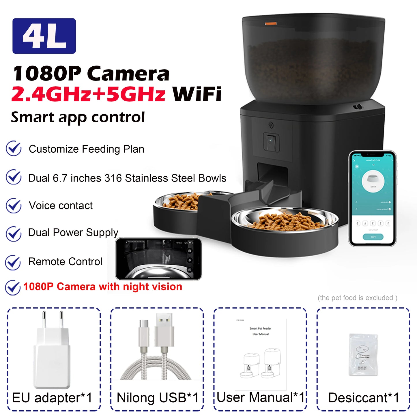 8L Smart Automatic Cat Feeders with 1080P HD Camera 5G Wifi Pet Feeder Tuya APP Control Automatic Cat Dog Food Dispenser
