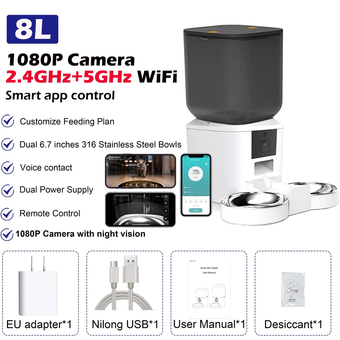 8L Smart Automatic Cat Feeders with 1080P HD Camera 5G Wifi Pet Feeder Tuya APP Control Automatic Cat Dog Food Dispenser