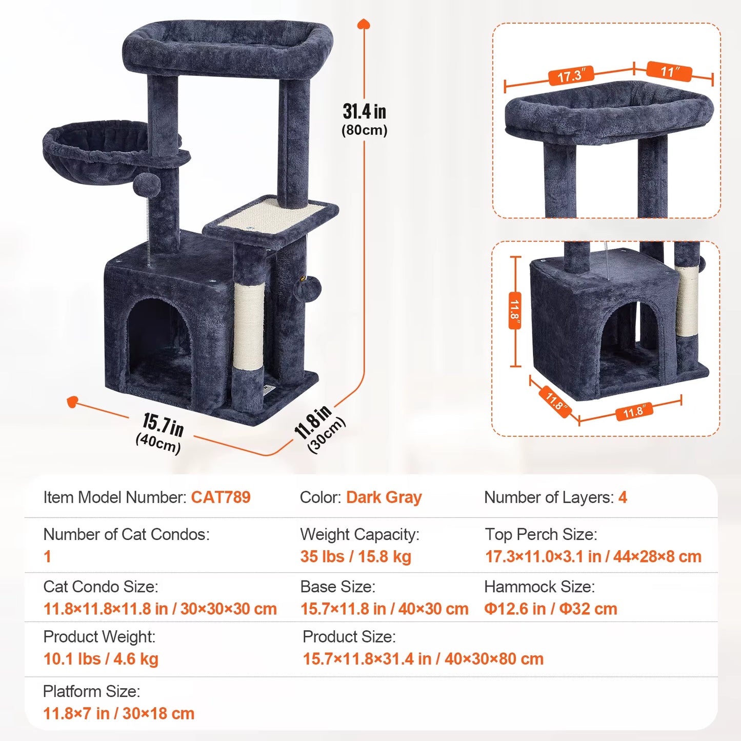 VEVOR Cat Tree for Indoor Cats 45.2" Cat Tower with Cat Condo Sisal Scratching Post Hammocktop Perch Jumping Platforms Dark Grey