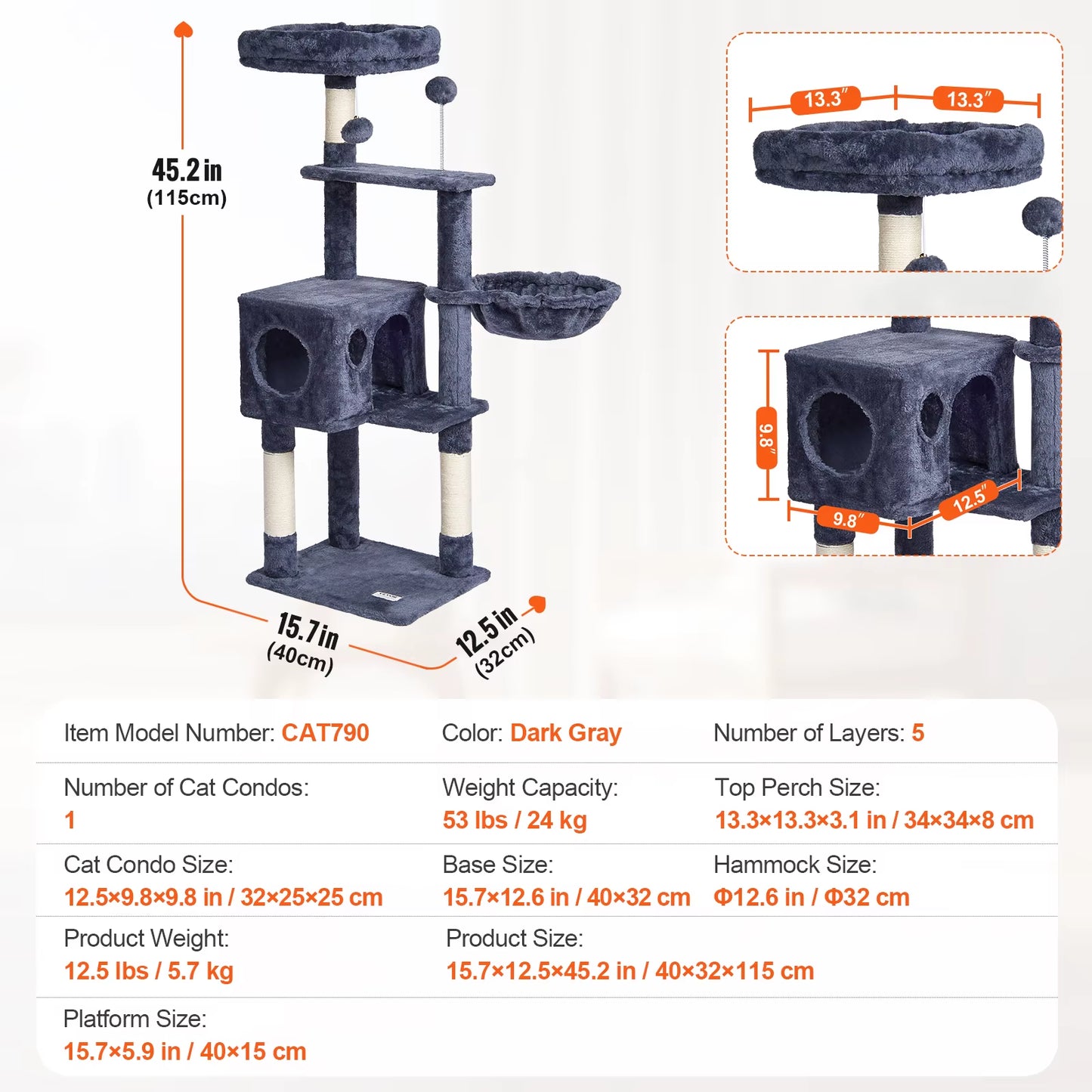 VEVOR Cat Tree for Indoor Cats 45.2" Cat Tower with Cat Condo Sisal Scratching Post Hammocktop Perch Jumping Platforms Dark Grey