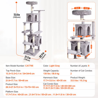 VEVOR Cat Tree for Indoor Cats 45.2" Cat Tower with Cat Condo Sisal Scratching Post Hammocktop Perch Jumping Platforms Dark Grey