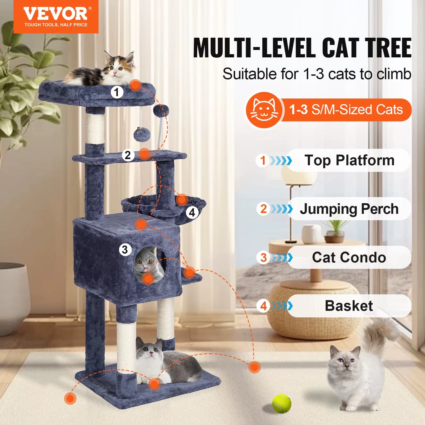 VEVOR Cat Tree for Indoor Cats 45.2" Cat Tower with Cat Condo Sisal Scratching Post Hammocktop Perch Jumping Platforms Dark Grey