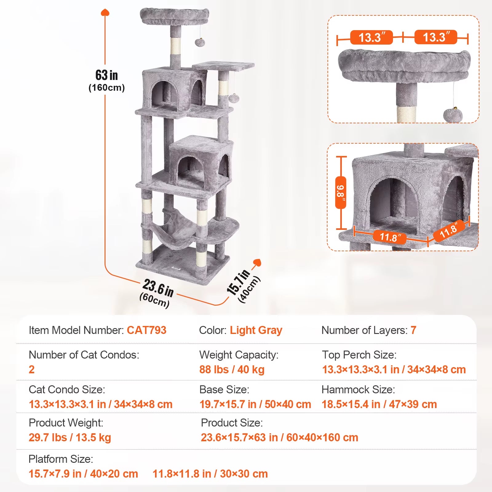 VEVOR Cat Tree for Indoor Cats 45.2" Cat Tower with Cat Condo Sisal Scratching Post Hammocktop Perch Jumping Platforms Dark Grey