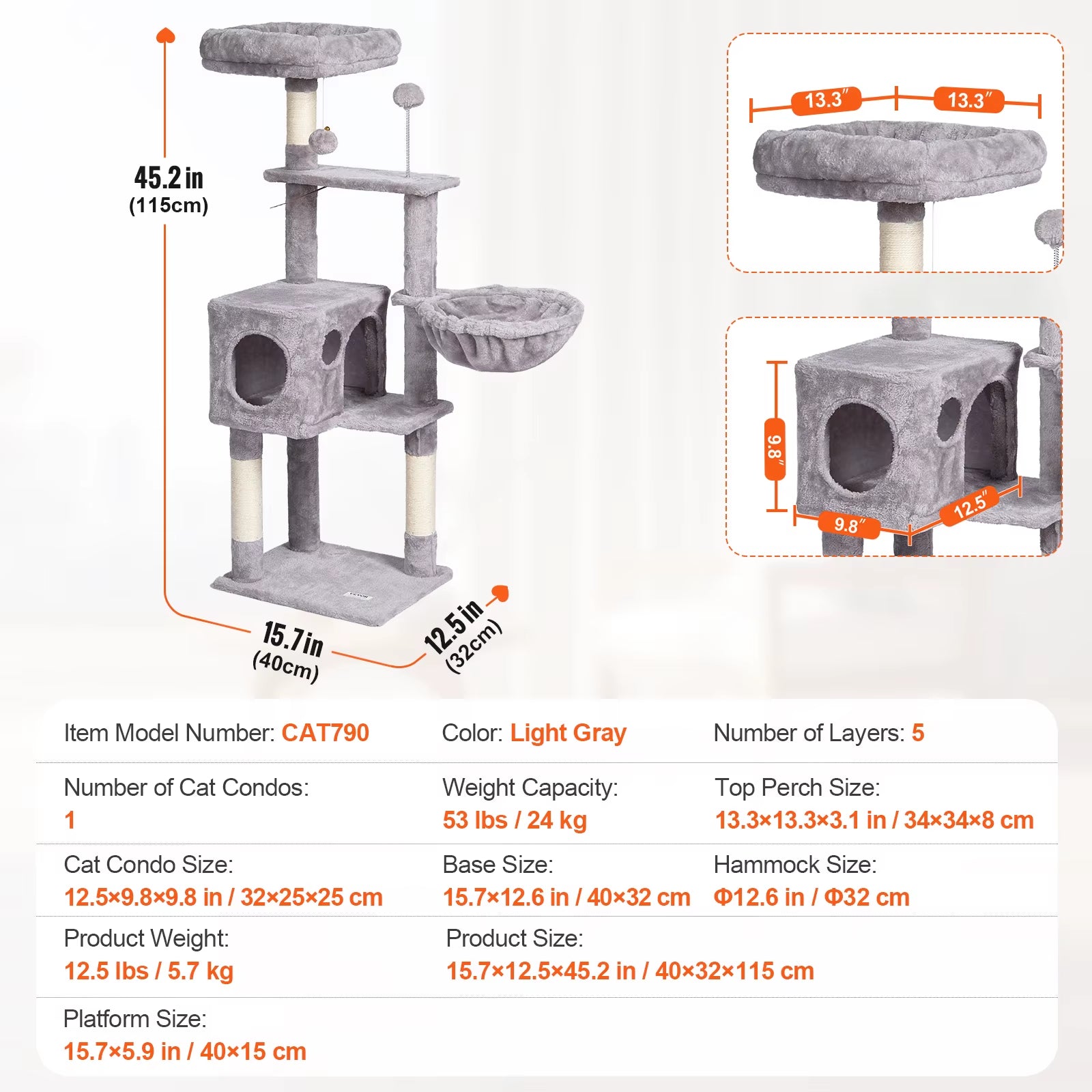 VEVOR Cat Tree for Indoor Cats 45.2" Cat Tower with Cat Condo Sisal Scratching Post Hammocktop Perch Jumping Platforms Dark Grey