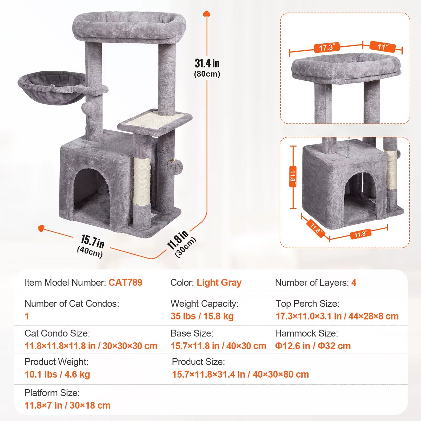 VEVOR Cat Tree for Indoor Cats 45.2" Cat Tower with Cat Condo Sisal Scratching Post Hammocktop Perch Jumping Platforms Dark Grey