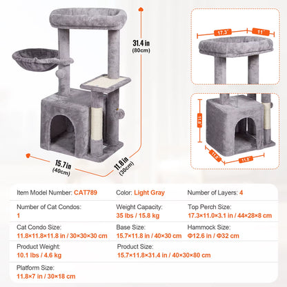 VEVOR Cat Tree for Indoor Cats 45.2" Cat Tower with Cat Condo Sisal Scratching Post Hammocktop Perch Jumping Platforms Dark Grey