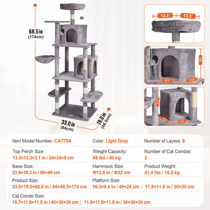 VEVOR Cat Tree for Indoor Cats 45.2" Cat Tower with Cat Condo Sisal Scratching Post Hammocktop Perch Jumping Platforms Dark Grey