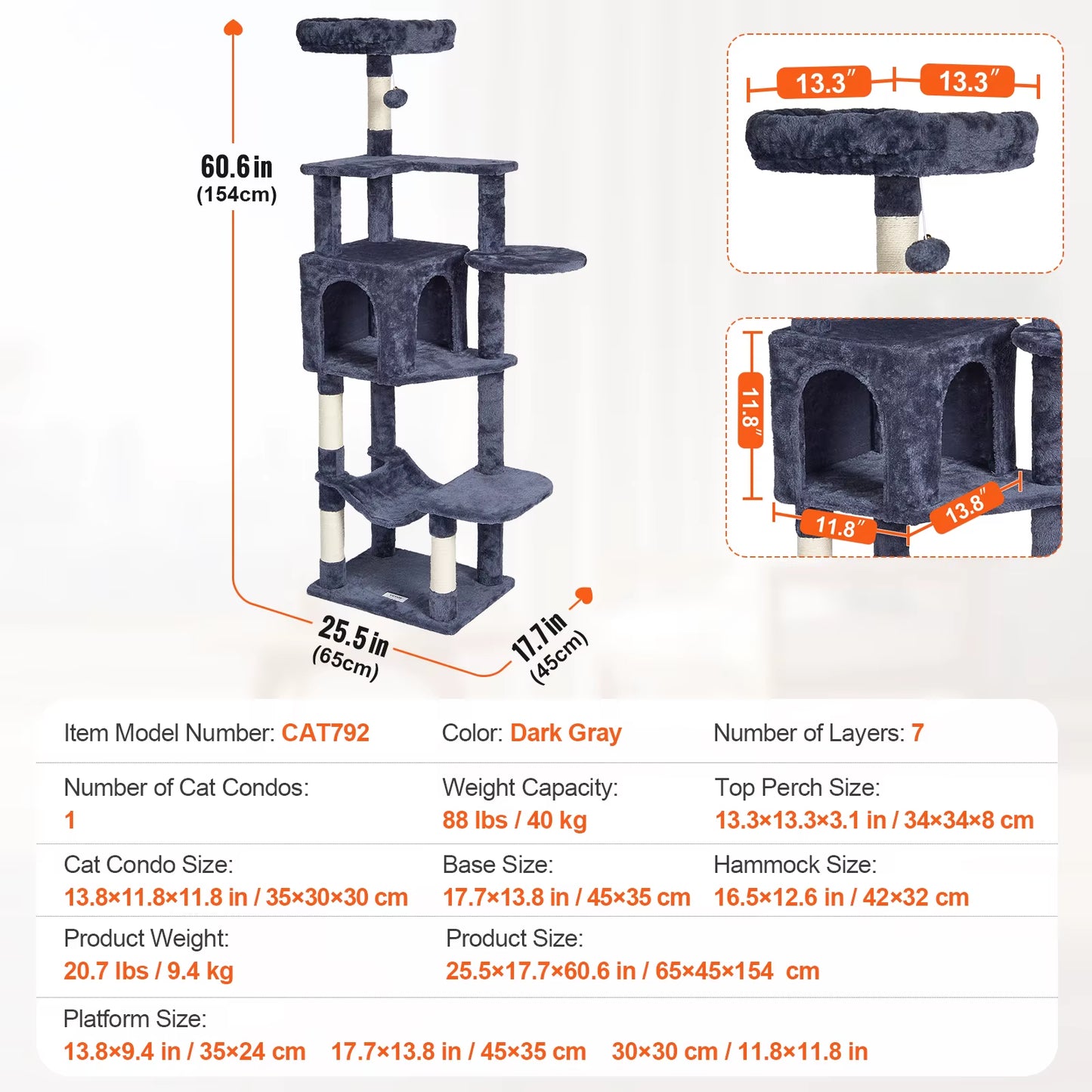 VEVOR Cat Tree for Indoor Cats 45.2" Cat Tower with Cat Condo Sisal Scratching Post Hammocktop Perch Jumping Platforms Dark Grey