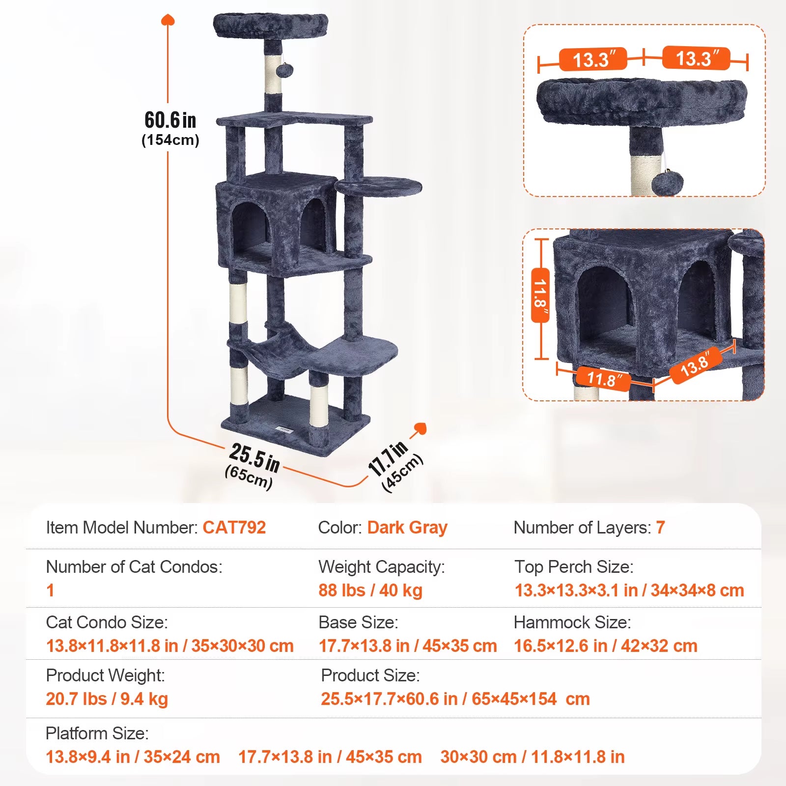 VEVOR Cat Tree for Indoor Cats 45.2" Cat Tower with Cat Condo Sisal Scratching Post Hammocktop Perch Jumping Platforms Dark Grey