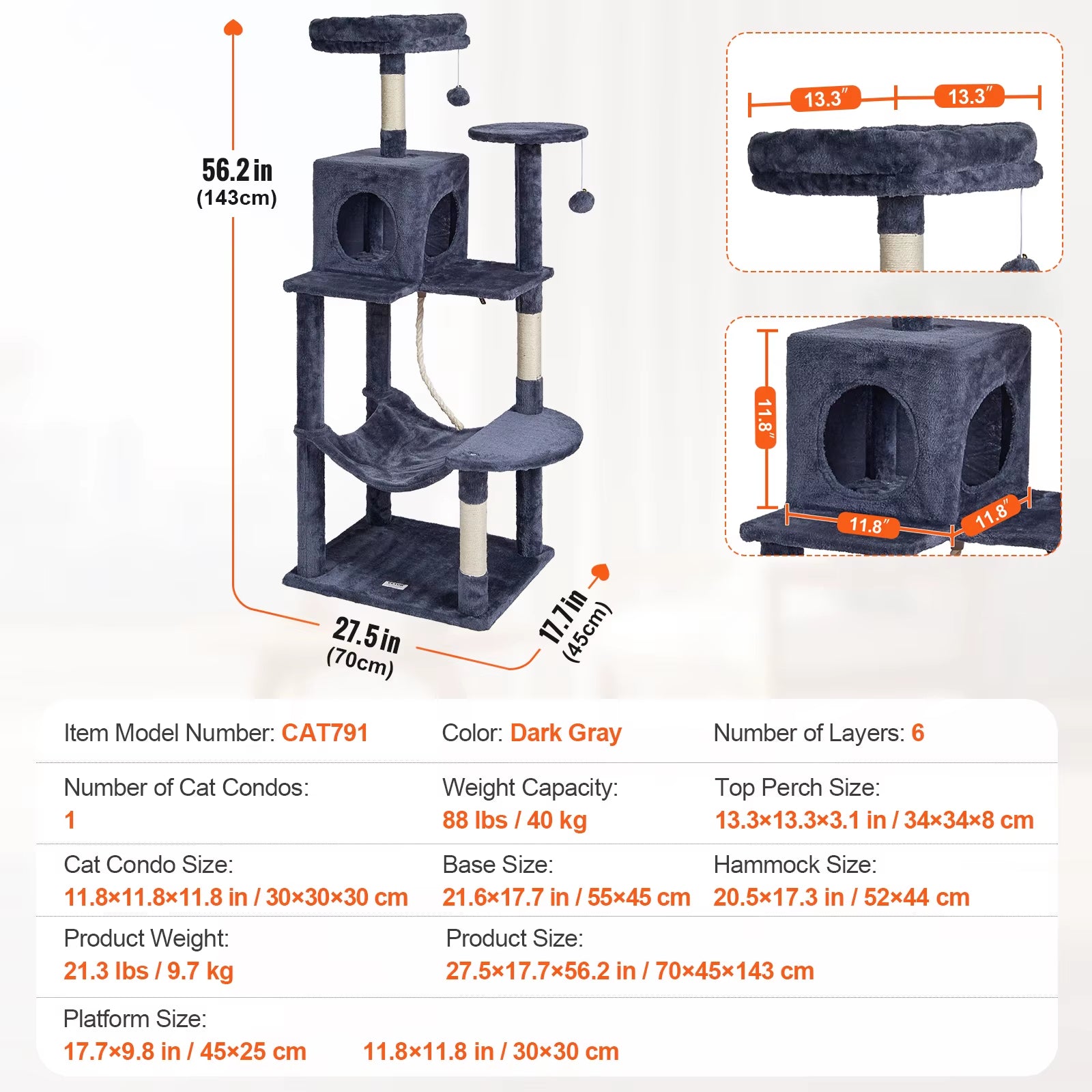 VEVOR Cat Tree for Indoor Cats 45.2" Cat Tower with Cat Condo Sisal Scratching Post Hammocktop Perch Jumping Platforms Dark Grey