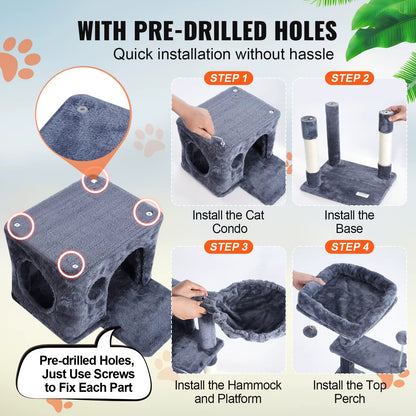 VEVOR Cat Tree for Indoor Cats 45.2" Cat Tower with Cat Condo Sisal Scratching Post Hammocktop Perch Jumping Platforms Dark Grey