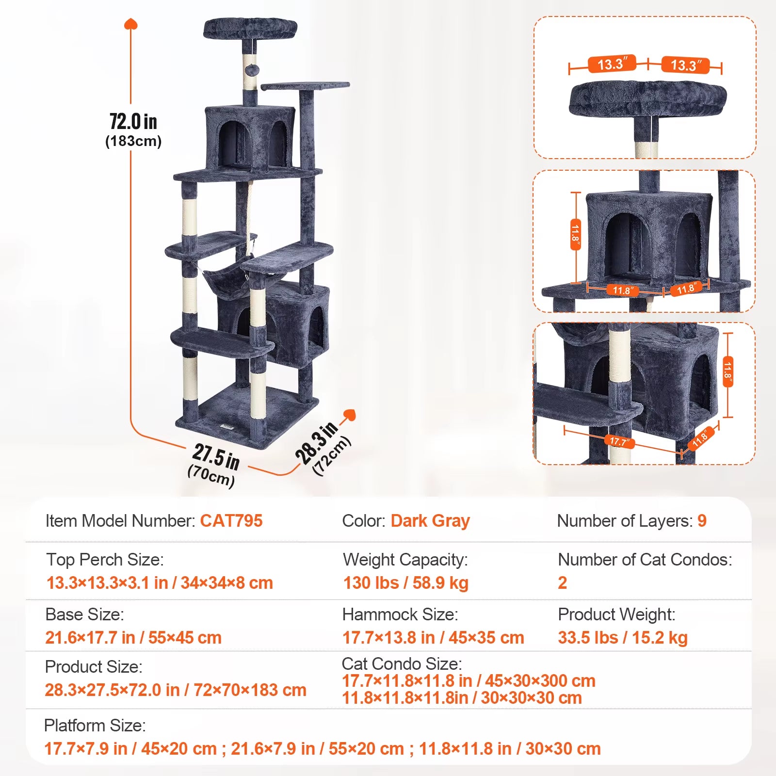 VEVOR Cat Tree for Indoor Cats 45.2" Cat Tower with Cat Condo Sisal Scratching Post Hammocktop Perch Jumping Platforms Dark Grey