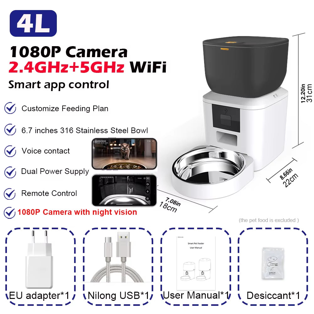 8L Smart Automatic Cat Feeders with 1080P HD Camera 5G Wifi Pet Feeder Tuya APP Control Automatic Cat Dog Food Dispenser