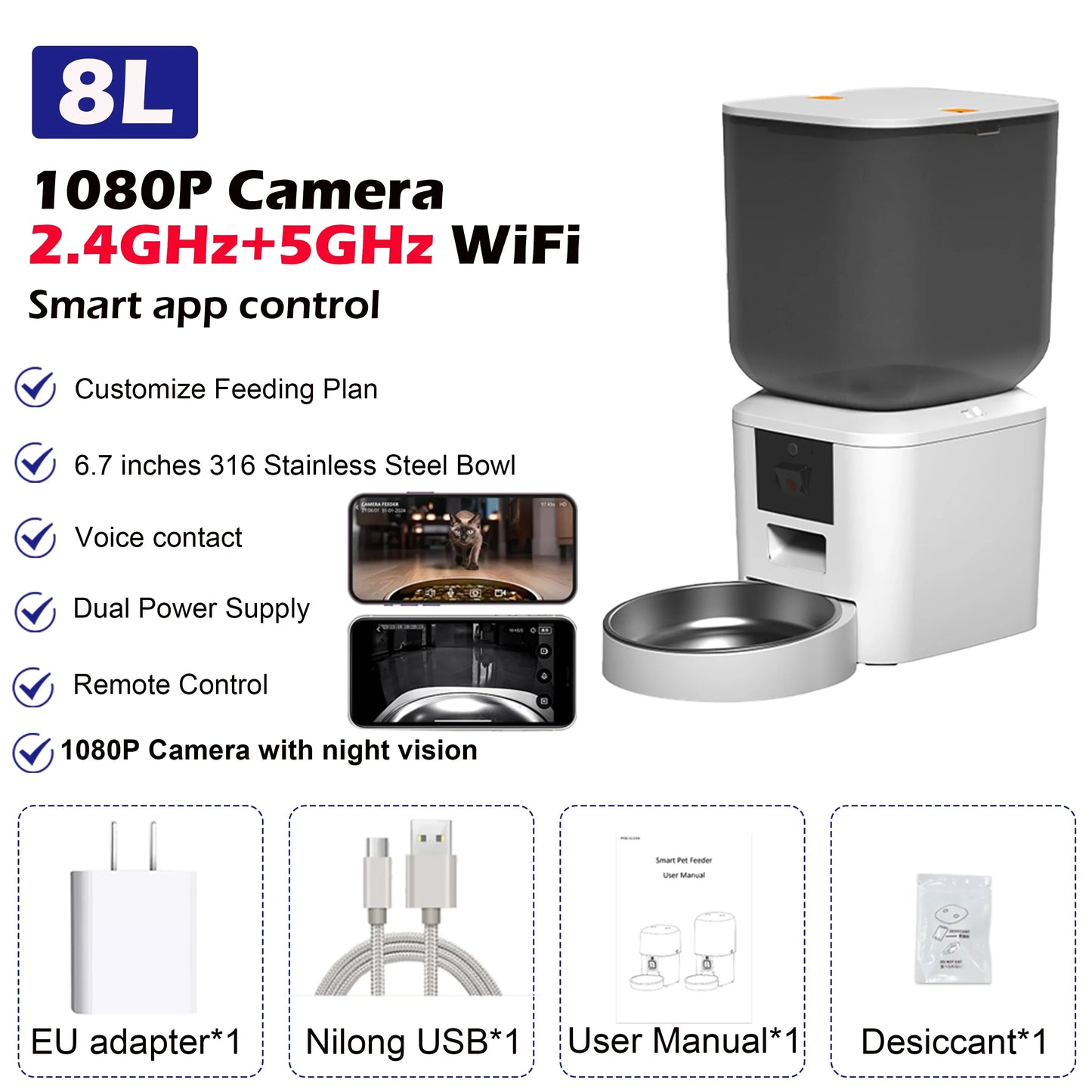 8L Smart Automatic Cat Feeders with 1080P HD Camera 5G Wifi Pet Feeder Tuya APP Control Automatic Cat Dog Food Dispenser