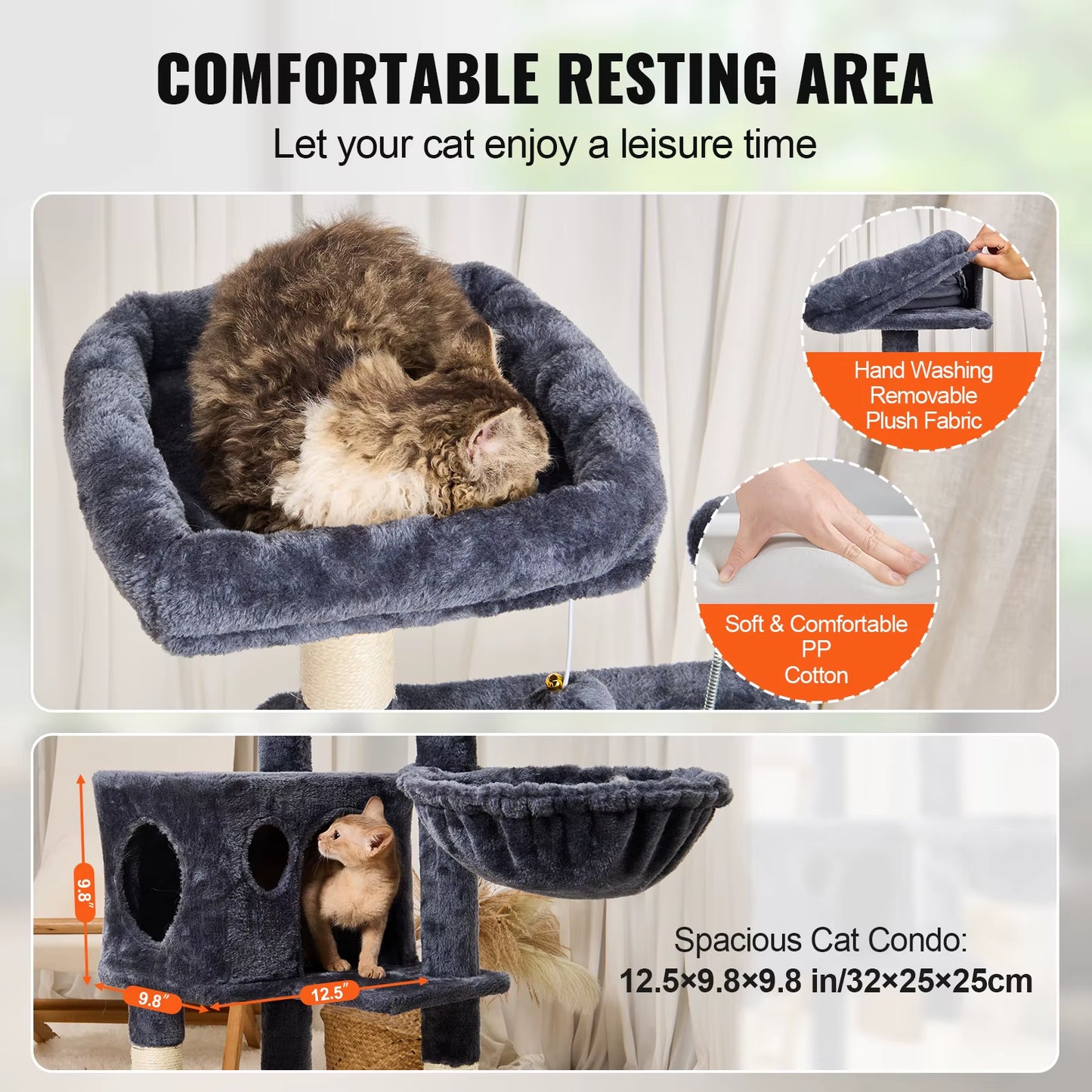 VEVOR Cat Tree for Indoor Cats 45.2" Cat Tower with Cat Condo Sisal Scratching Post Hammocktop Perch Jumping Platforms Dark Grey