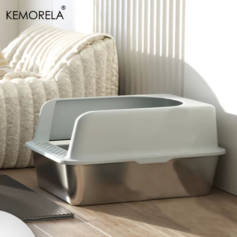 XL 60/50CM Stainless Steel Litter Box with Lid High Side Large Litter Box Suitable for Large and Small Cats Does Not Absorb Odor