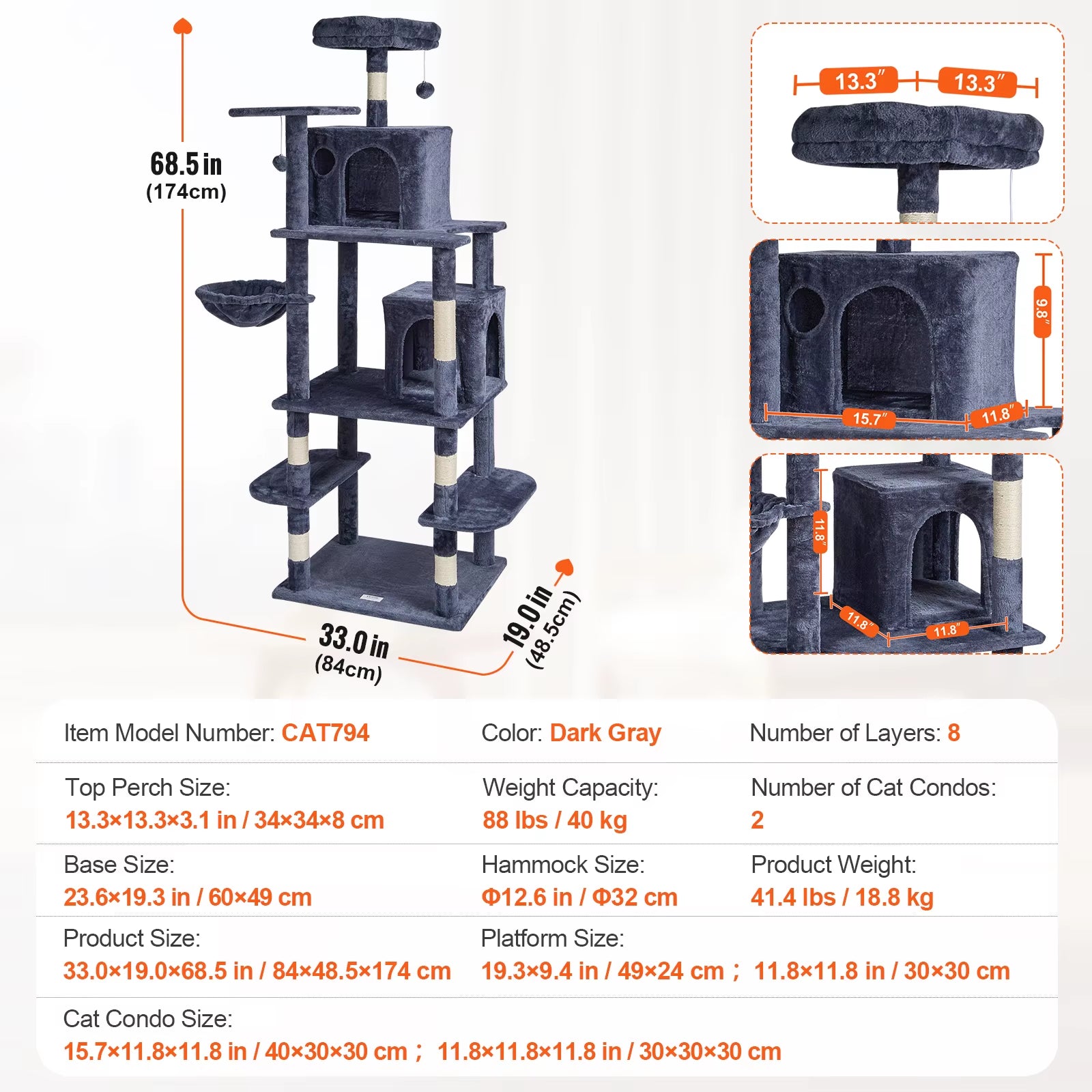 VEVOR Cat Tree for Indoor Cats 45.2" Cat Tower with Cat Condo Sisal Scratching Post Hammocktop Perch Jumping Platforms Dark Grey