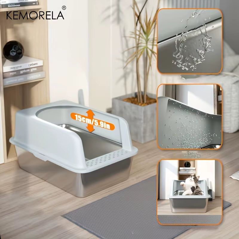 XL 60/50CM Stainless Steel Litter Box with Lid High Side Large Litter Box Suitable for Large and Small Cats Does Not Absorb Odor